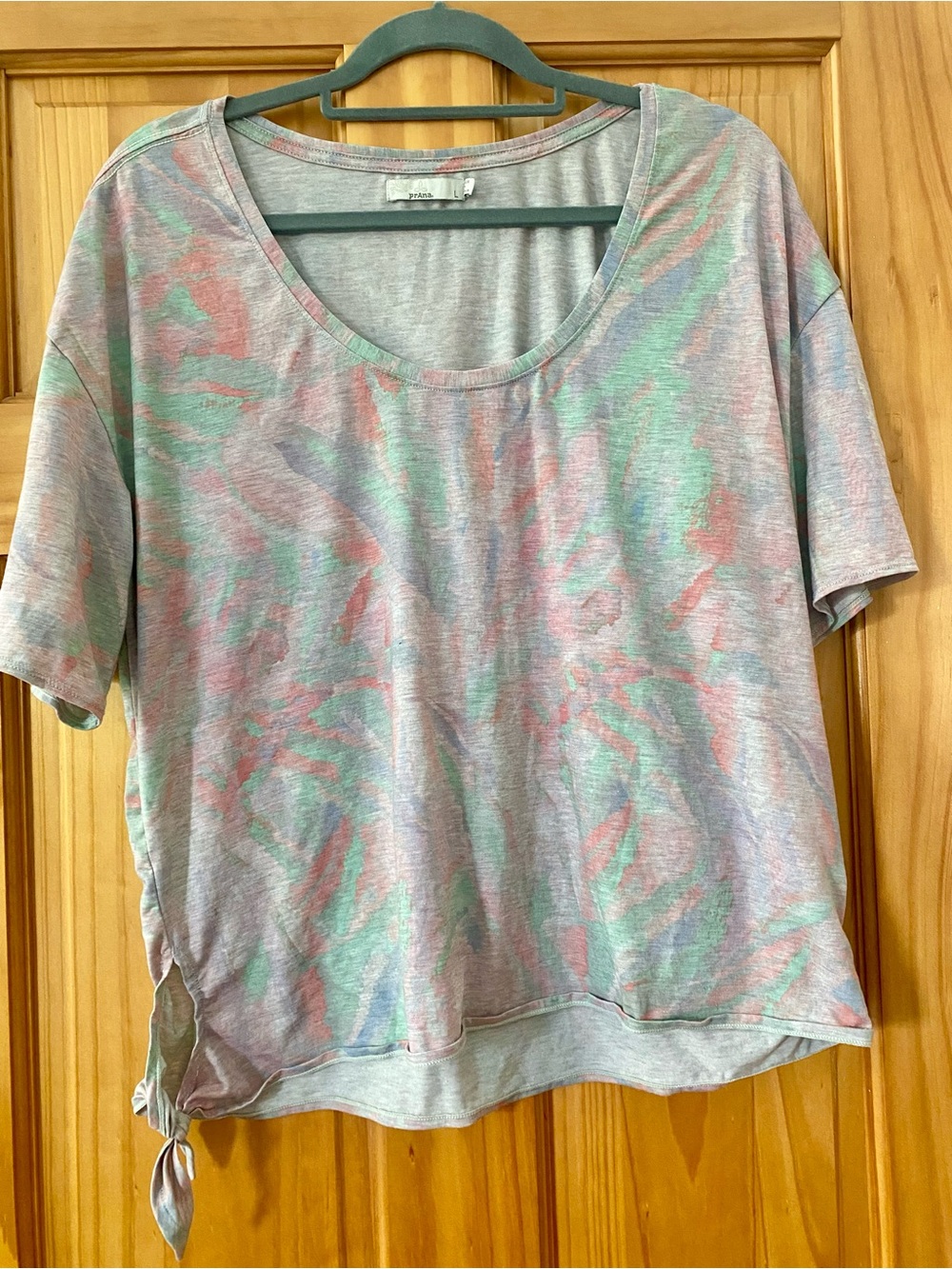 Prana Pastel Abstract Print Side Tie Tee Top Relaxed Fit Large